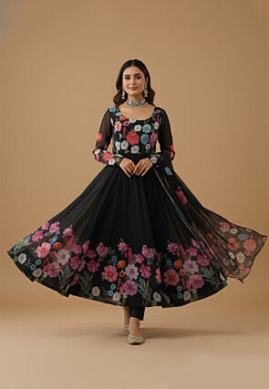 Digital Printed Organza Anarkali Suit in Black