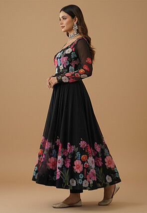 Digital Printed Organza Anarkali Suit in Black