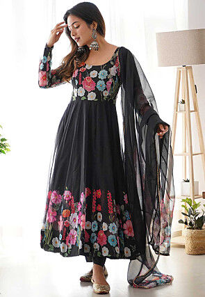 Digital Printed Organza Silk Anarkali Suit in Black