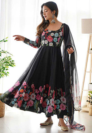 Digital Printed Organza Silk Anarkali Suit in Black