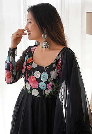 Digital Printed Organza Silk Anarkali Suit in Black