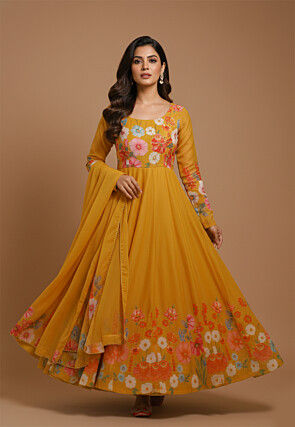 Digital Printed Organza Anarkali Suit in Mustard