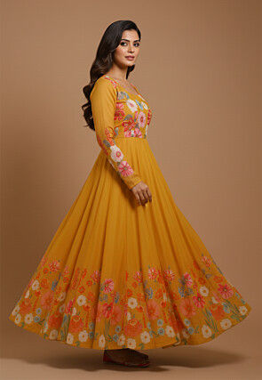 Digital Printed Organza Anarkali Suit in Mustard