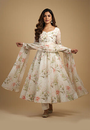 Digital Printed Organza Silk Anarkali Suit in Off White