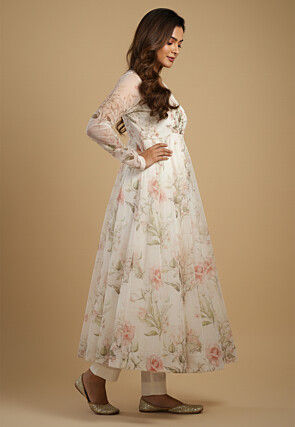 Digital Printed Organza Silk Anarkali Suit in Off White
