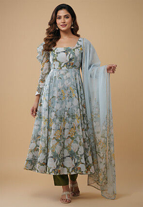 Digital Printed Organza Silk Anarkali Suit in Sky Blue
