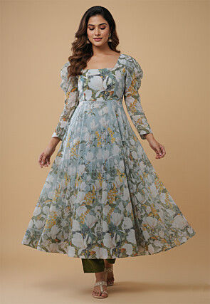 Digital Printed Organza Silk Anarkali Suit in Sky Blue