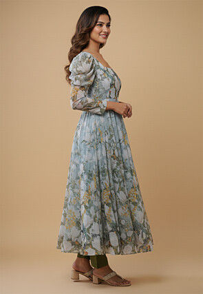 Digital Printed Organza Silk Anarkali Suit in Sky Blue