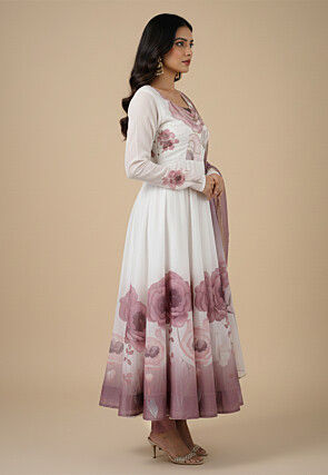 Digital Printed Organza Silk Anarkali Suit in White