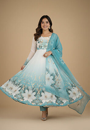 Digital Printed Organza Silk Anarkali Suit in White