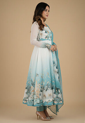 Digital Printed Organza Silk Anarkali Suit in White