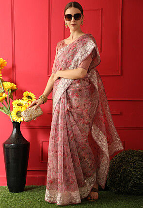 Grey And Pink Floral Pattern Digital Print Crepe Silk Saree – Fabcurate