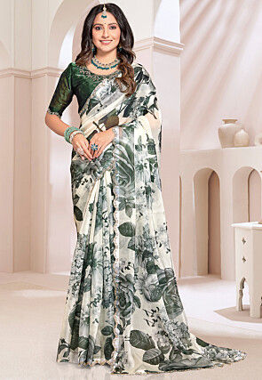Digital Printed Organza Silk Scalloped Saree in Off White and Green