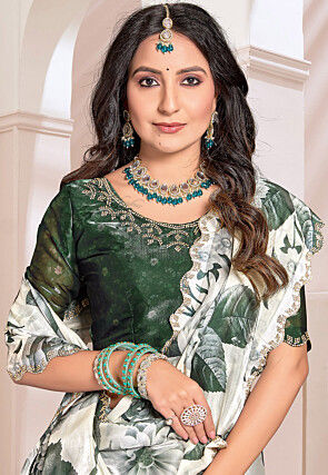 Digital Printed Organza Silk Scalloped Saree in Off White and Green