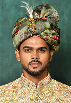 Digital Printed Organza Turban in Green and Multicolor