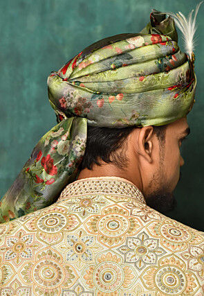 Digital Printed Organza Turban in Green and Multicolor