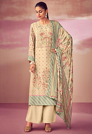 Digital Printed Pashmina Silk Pakistani Suit in Beige