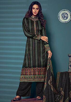 Digital Printed Pashmina Silk Pakistani Suit in Black
