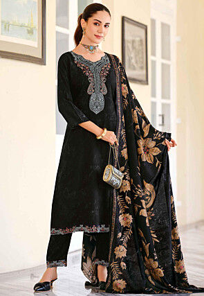 Digital Printed Pashmina Silk Pakistani Suit in Black