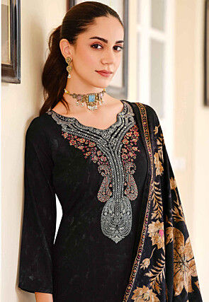 Digital Printed Pashmina Silk Pakistani Suit in Black