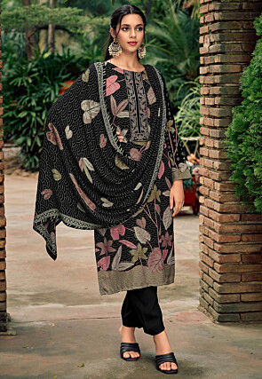 Digital Printed Pashmina Silk Pakistani Suit in Black
