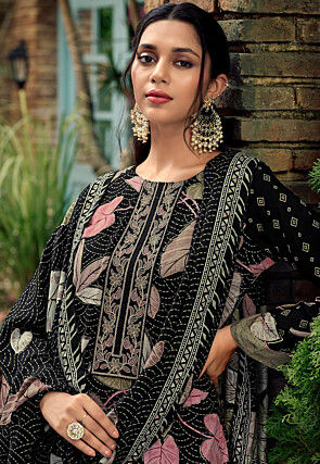 Digital Printed Pashmina Silk Pakistani Suit in Black