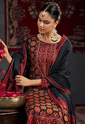 Digital Printed Pashmina Silk Pakistani Suit in Black