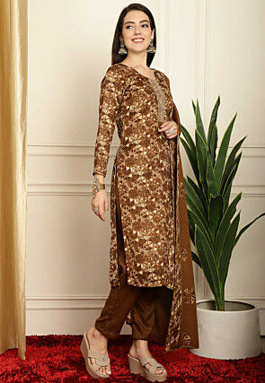 Digital Printed Pashmina Silk Pakistani Suit in Brown
