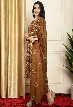 Digital Printed Pashmina Silk Pakistani Suit in Brown