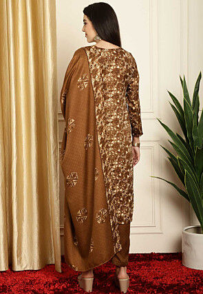 Digital Printed Pashmina Silk Pakistani Suit in Brown