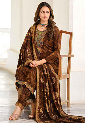 Digital Printed Pashmina Silk Pakistani Suit in Dark Brown