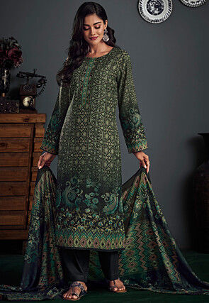 Digital Printed Pashmina Silk Pakistani Suit in Dark Green