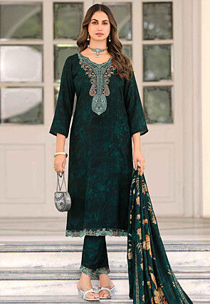 Digital Printed Pashmina Silk Pakistani Suit in Dark Green