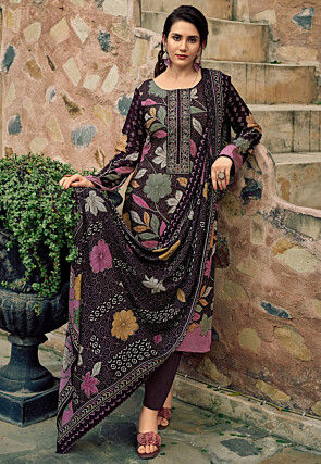 Digital Printed Pashmina Silk Pakistani Suit in Dark Purple