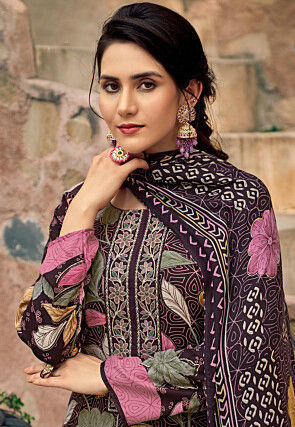 Digital Printed Pashmina Silk Pakistani Suit in Dark Purple
