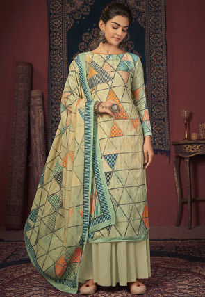 Digital Printed Pashmina Silk Pakistani Suit in Dusty Green
