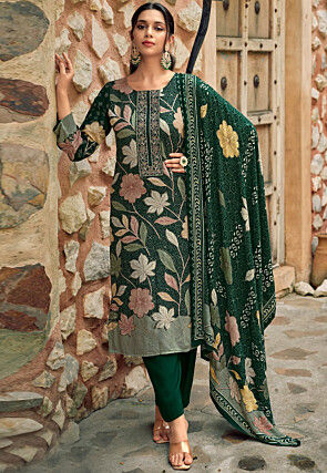 Digital Printed Pashmina Silk Pakistani Suit in Green