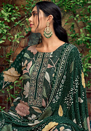 Digital Printed Pashmina Silk Pakistani Suit in Green