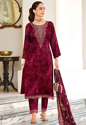 Digital Printed Pashmina Silk Pakistani Suit in Magenta
