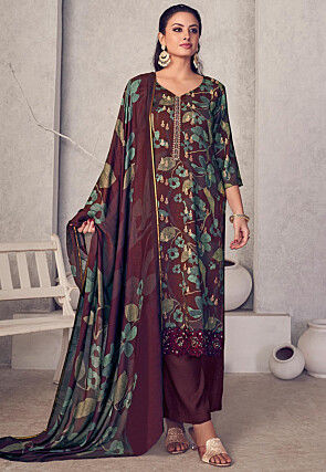 Digital Printed Pashmina Silk Pakistani Suit in Maroon