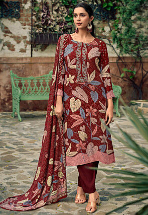 Digital Printed Pashmina Silk Pakistani Suit in Maroon