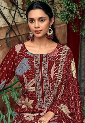 Digital Printed Pashmina Silk Pakistani Suit in Maroon