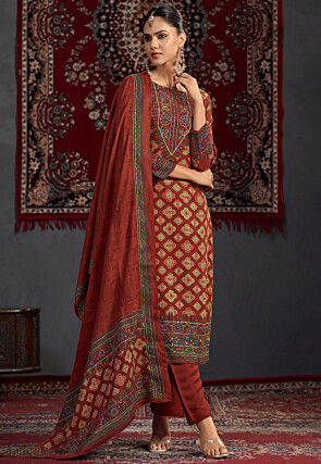 Digital Printed Pashmina Silk Pakistani Suit in Maroon