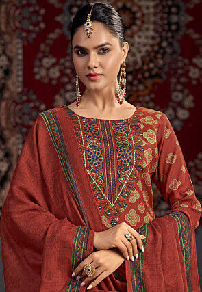 Digital Printed Pashmina Silk Pakistani Suit in Maroon