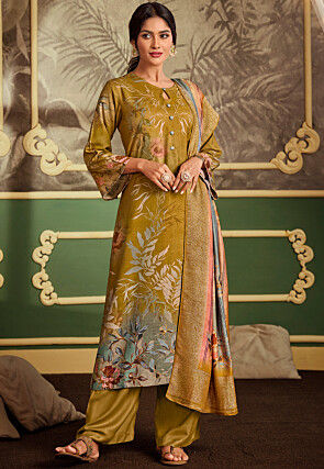 Digital Printed Pashmina Silk Pakistani Suit in Mustard
