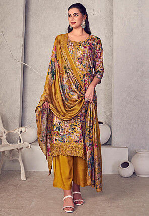 Digital Printed Pashmina Silk Pakistani Suit in Mustard
