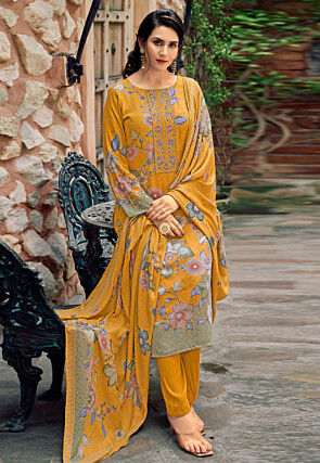 Digital Printed Pashmina Silk Pakistani Suit in Mustard