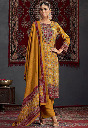 Digital Printed Pashmina Silk Pakistani Suit in Mustard