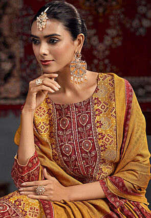 Digital Printed Pashmina Silk Pakistani Suit in Mustard
