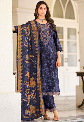 Digital Printed Pashmina Silk Pakistani Suit in Navy Blue